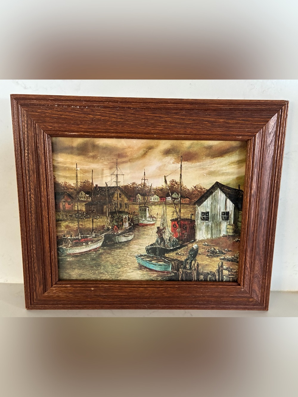 Vintage  art print New England fishing village harbor scene by Robert LeBron
